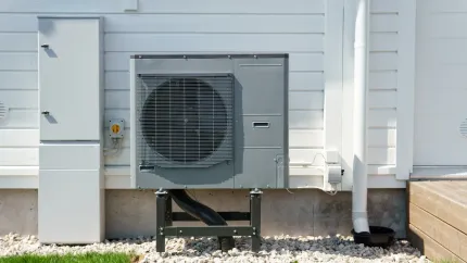 A large air conditioner is sitting on the side of a white house.