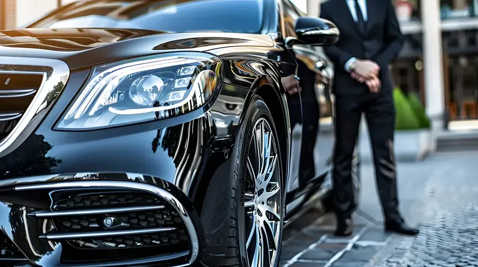 Black luxury car and suited chauffeur standing by.