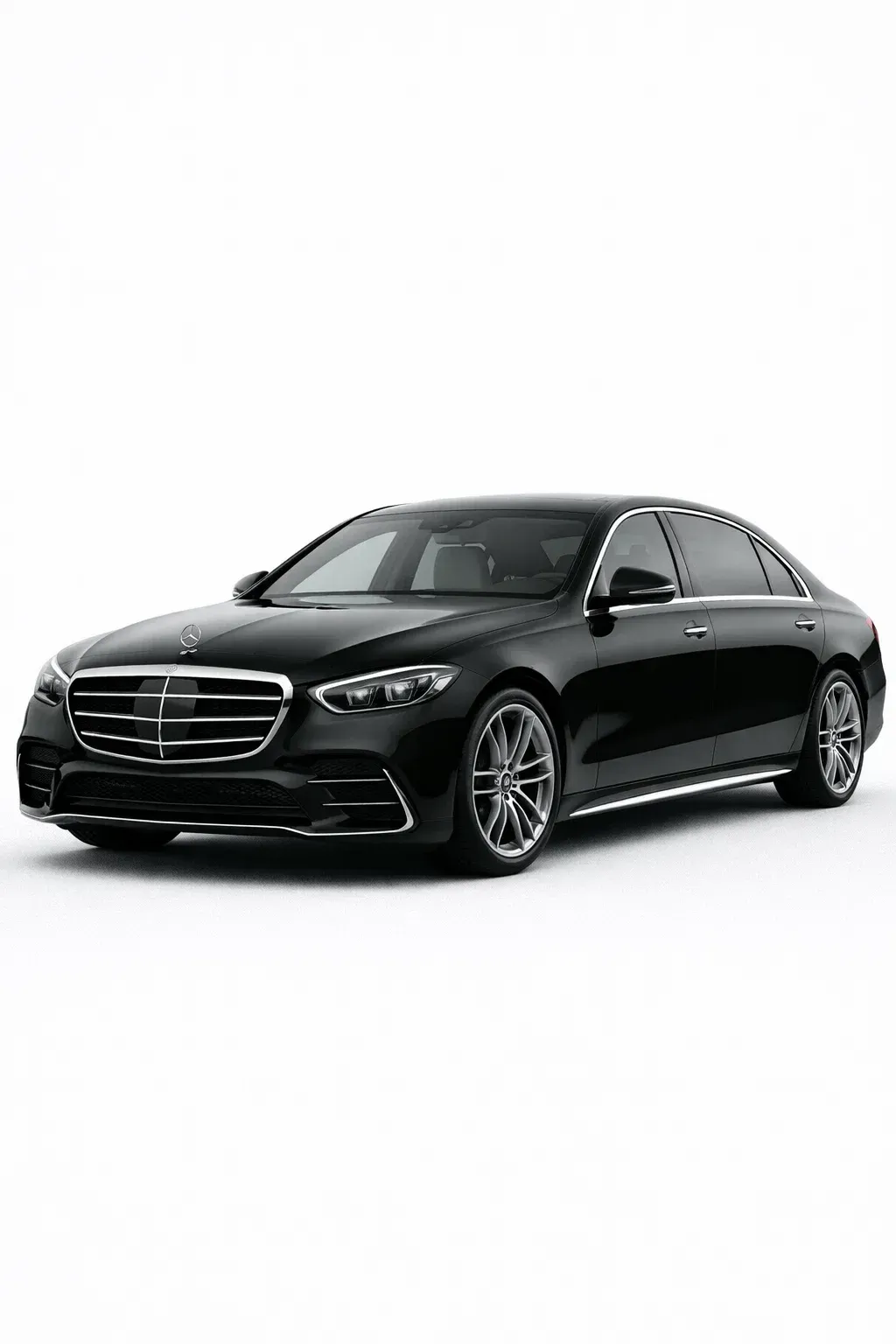 Black Mercedes-Benz S-Class sedan, front view, on white background.