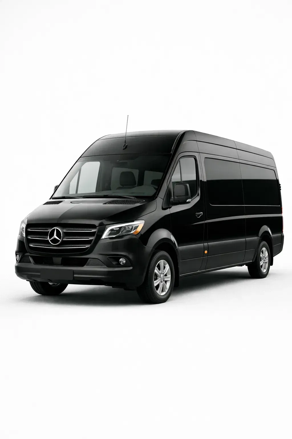 Black Mercedes-Benz Sprinter van against a white backdrop.