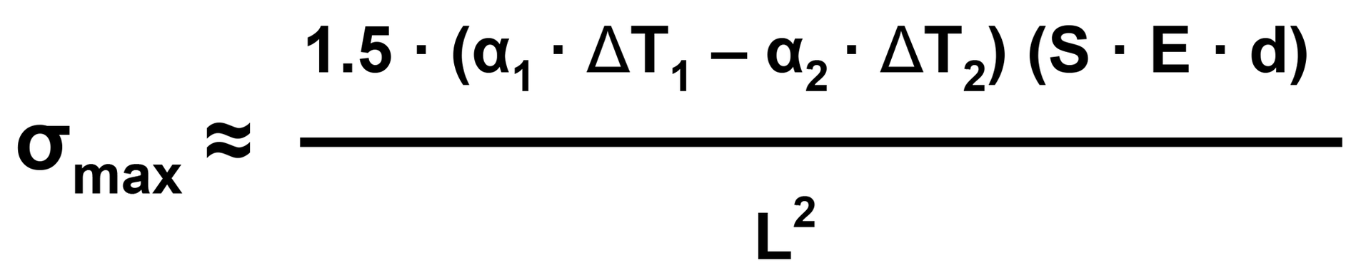 A mathematical formula calculating maximum stress, σmax, using variables including thermal expansion, length, and modulus.