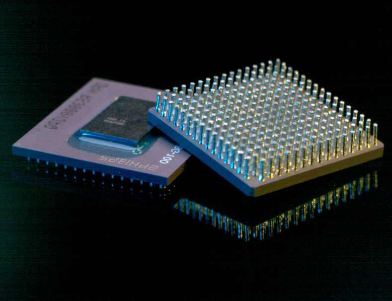 Two CPU processors with pin grids shown from different angles on a dark, reflective surface.