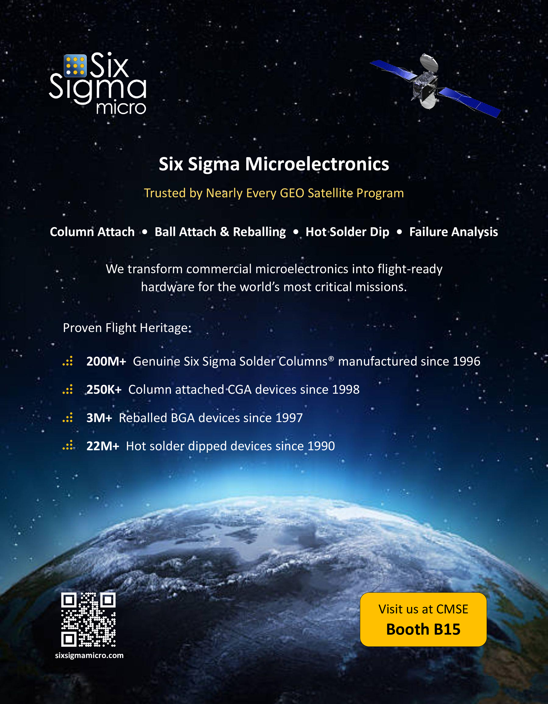 A flyer for Six Sigma Microelectronics featuring a satellite orbiting Earth and event details including booth location.