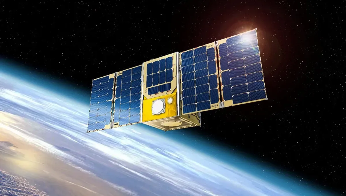 Satellite with blue solar panels, reflecting sunlight, orbiting Earth against a starry background.