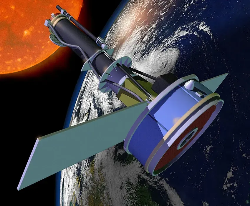 Space-based telescope with a blue cylinder and green panels, orbiting Earth, with the sun in the background.