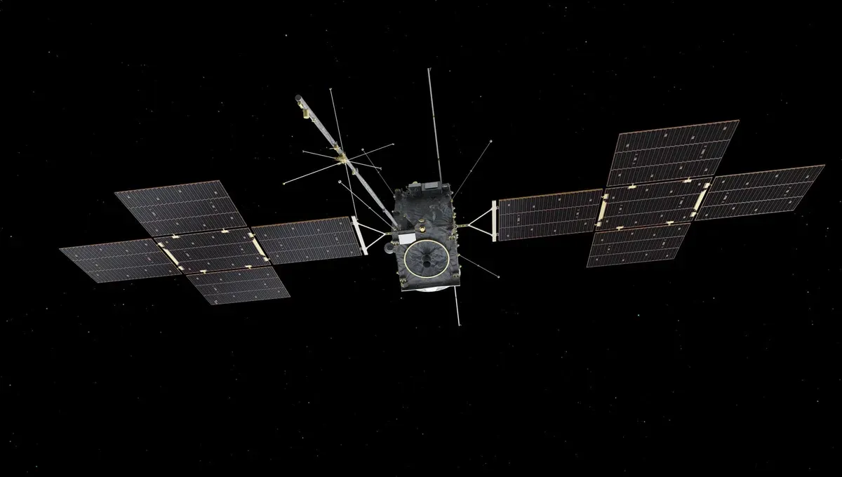 A satellite with solar panels extended, against a black starry background.