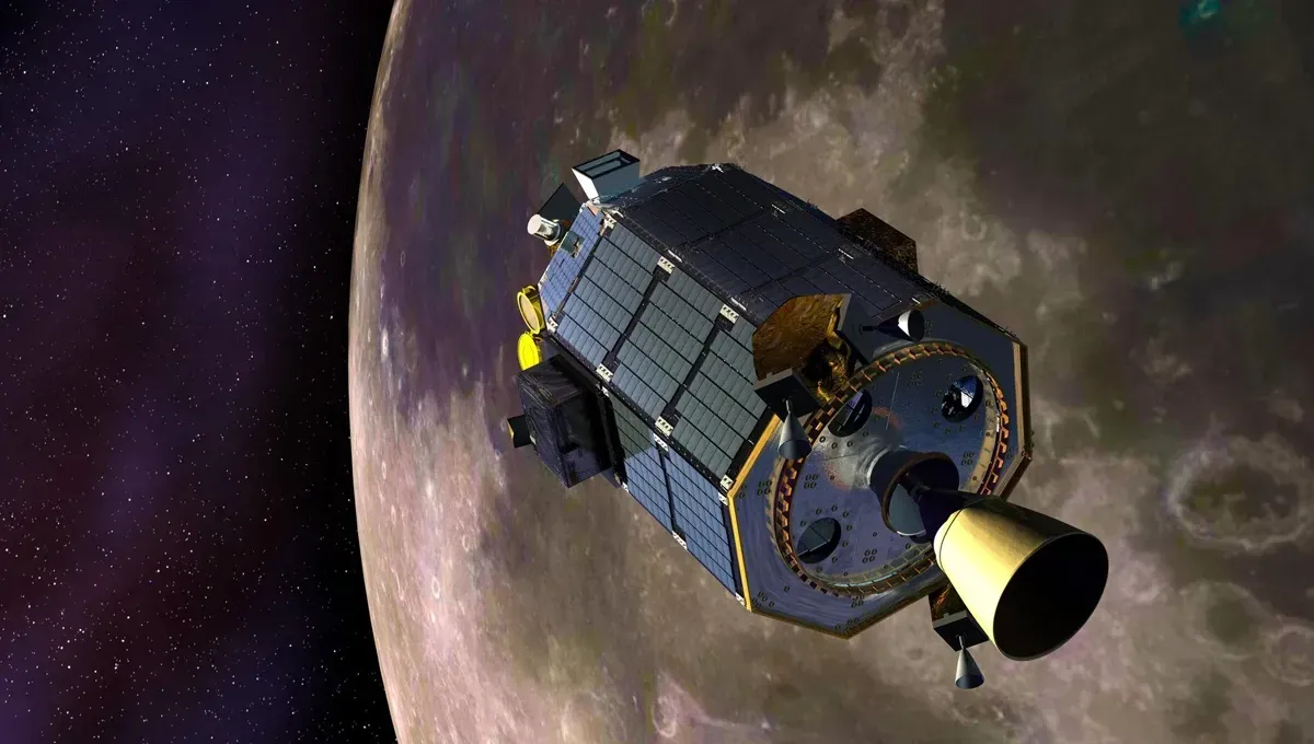 Spacecraft in orbit around a planet, with gold nozzle and solar panels, set against starry backdrop.