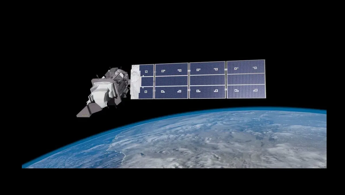 Satellite in orbit above Earth, with solar panels extended.