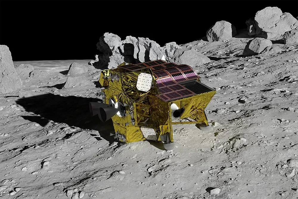 Spacecraft on asteroid surface with solar panels. 