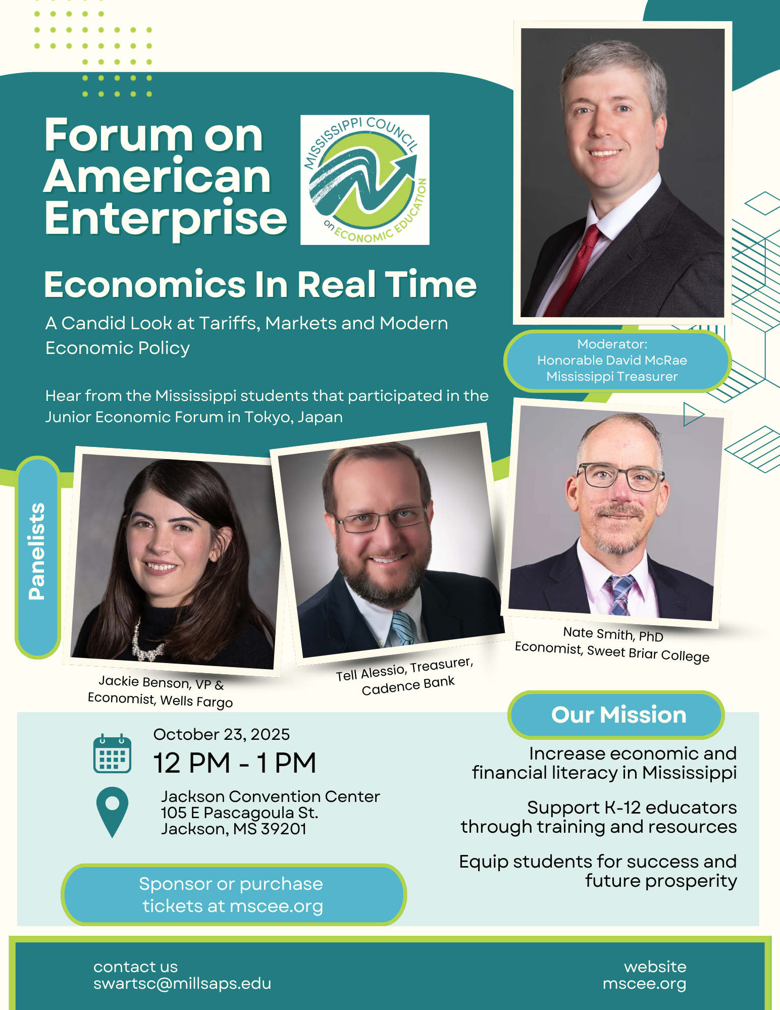 Forum on American Enterprise: Economics in real time. Speakers at a luncheon with mission statement, logo and event details.
