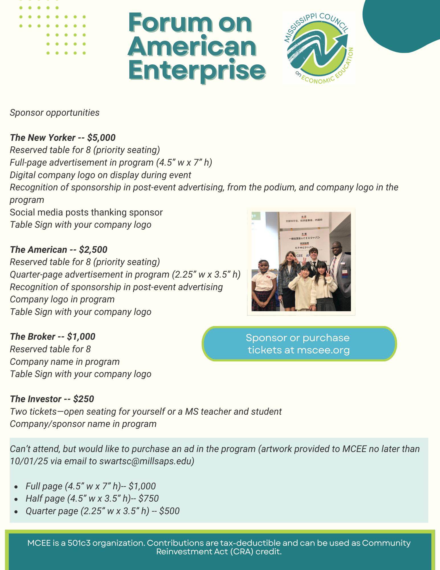 Forum on American Enterprise event flyer, with pricing tiers for The New Yorker, The American, The Broker and The Investor.