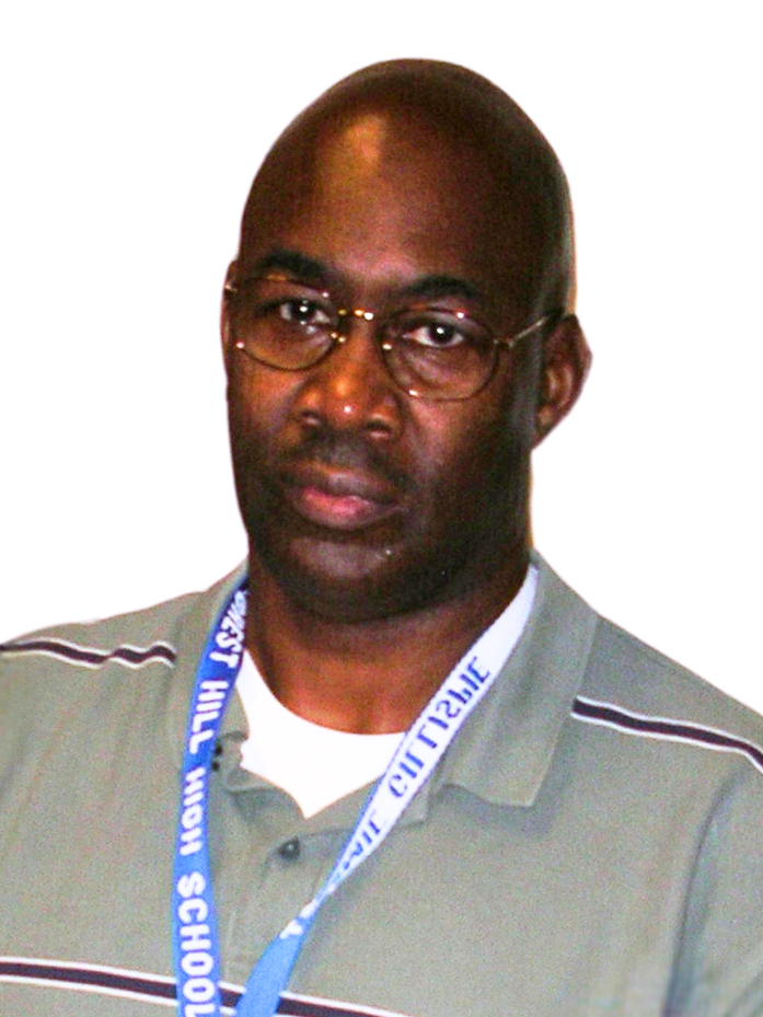 A man wearing glasses and a lanyard that says west hill high school