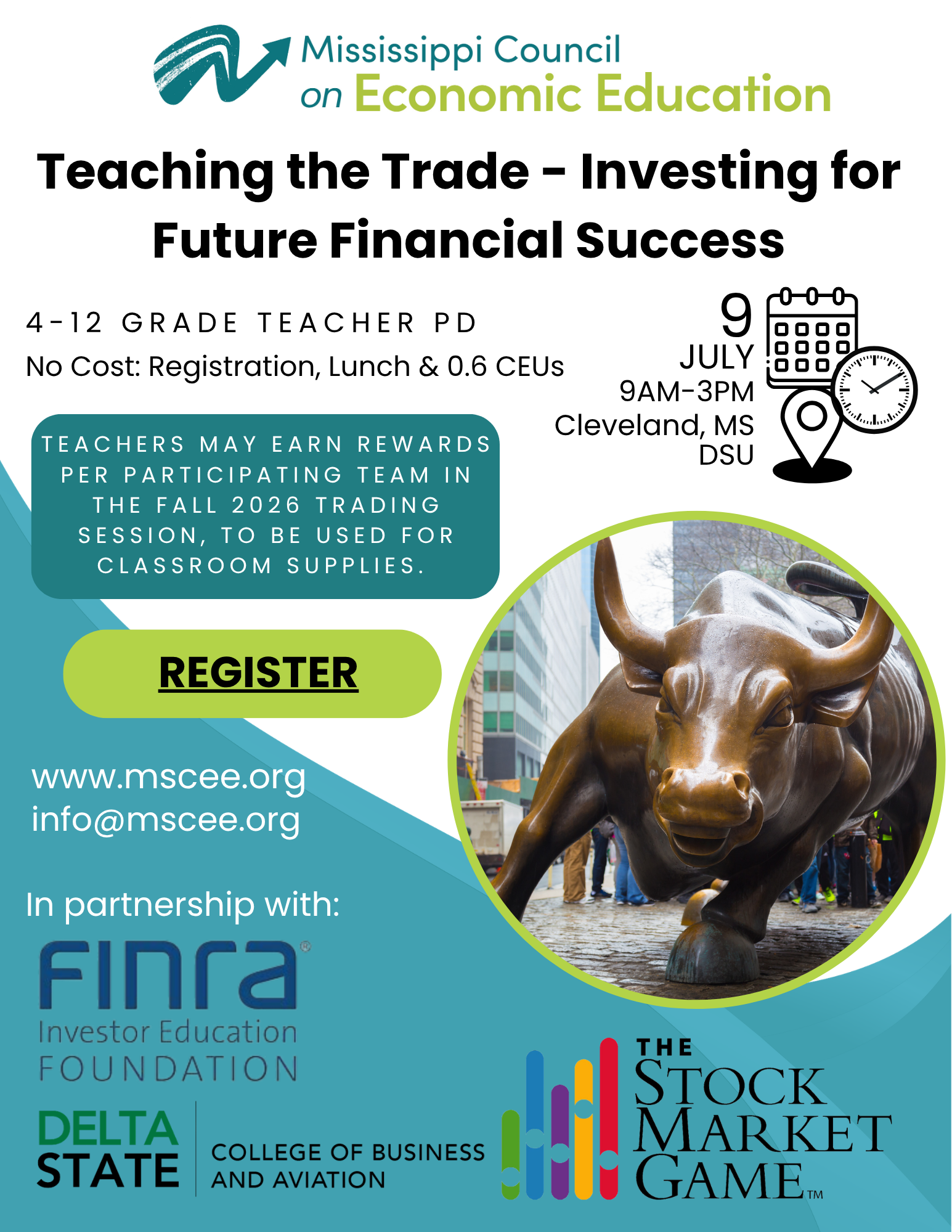 Promotional graphic for an online stock market workshop. Features students, colorful icons, and registration information.