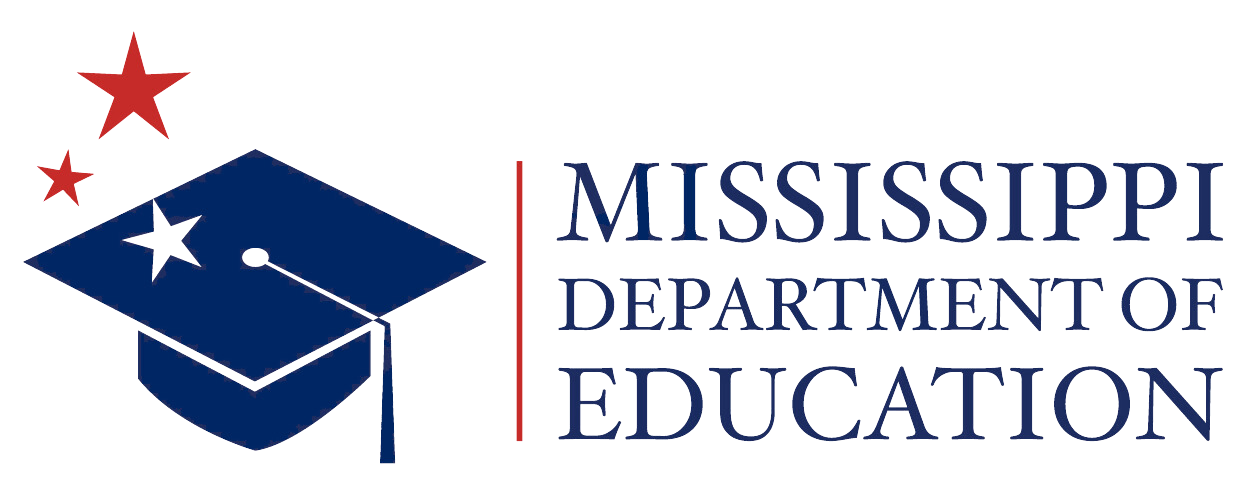 A logo for the mississippi department of education with a graduation cap and stars.