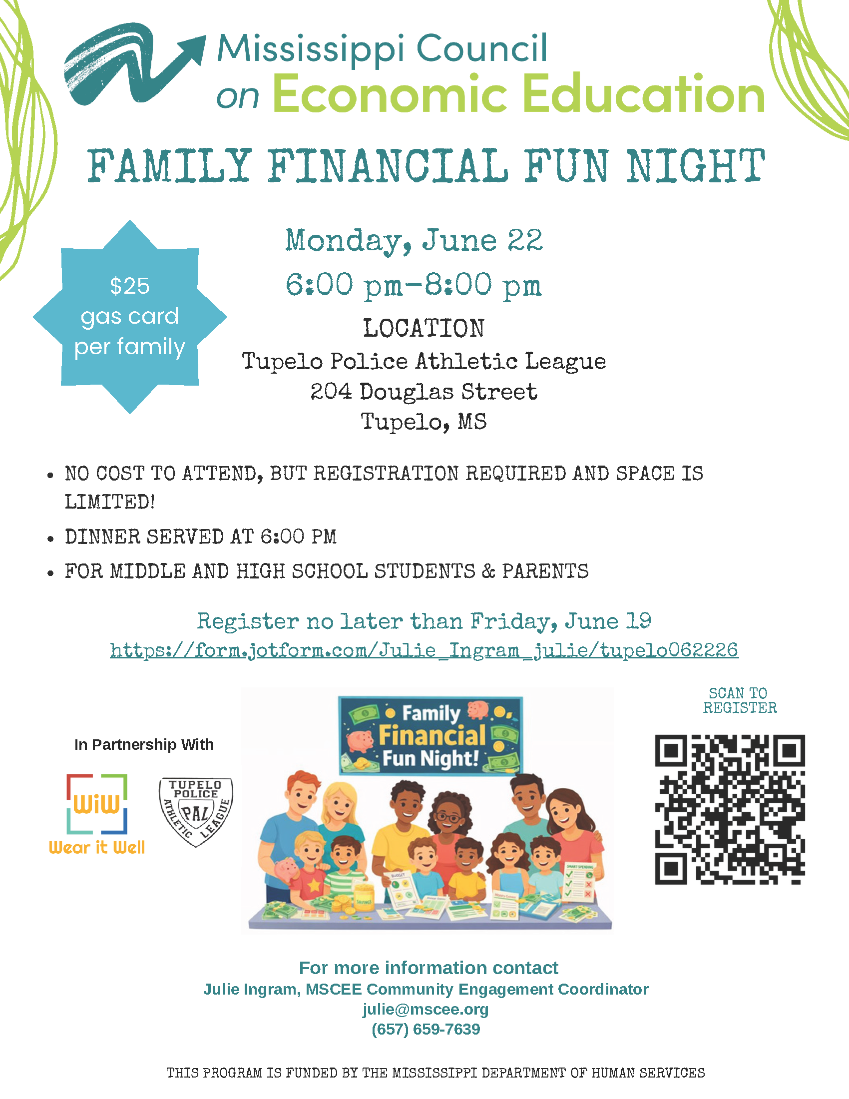Flyer for Mississippi Council on Economic Education Family Financial Fun Night with event details, QR code, and cartoon family.