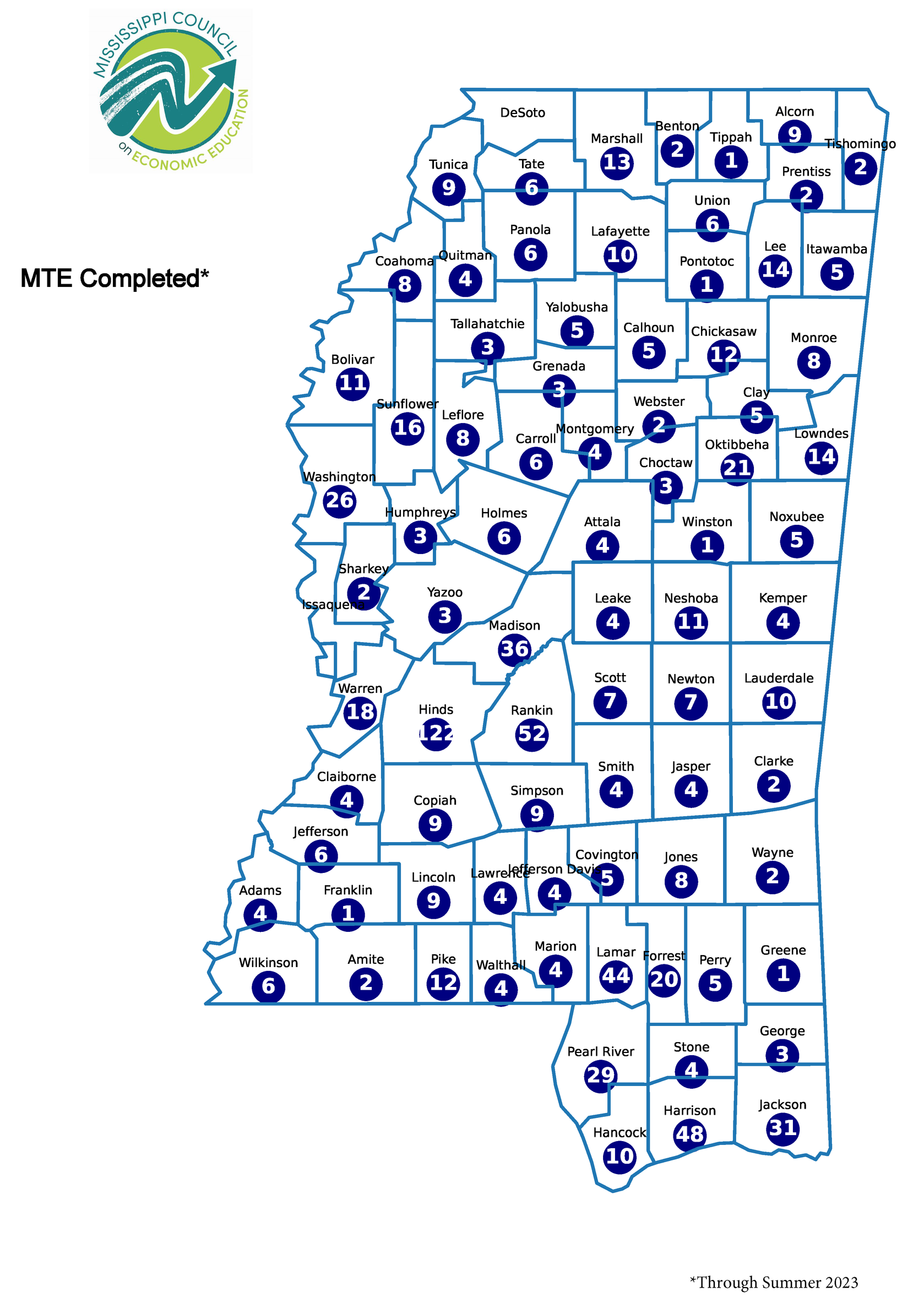 A map of mississippi with lots of numbers on it