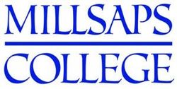 A blue and white logo for millsaps college