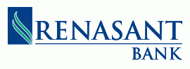 Logo for Renasant Bank with a blue square containing green curved lines, and text "RENASANT BANK" below.