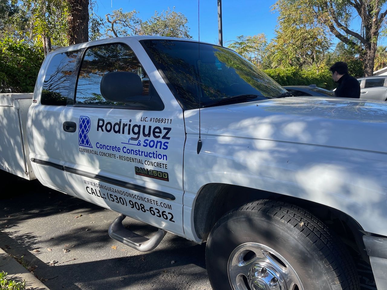 A white truck is parked on the side of the road.