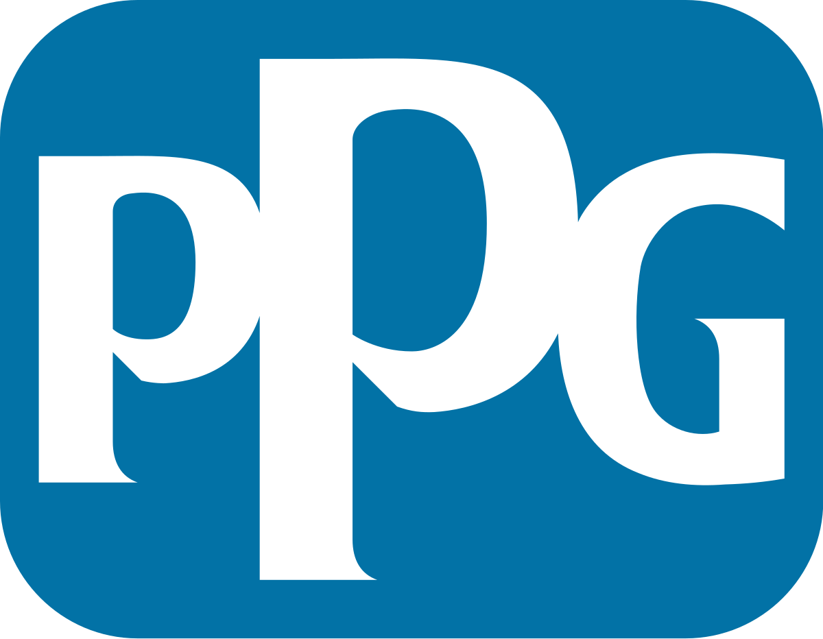 a blue and white ppg logo on a white background