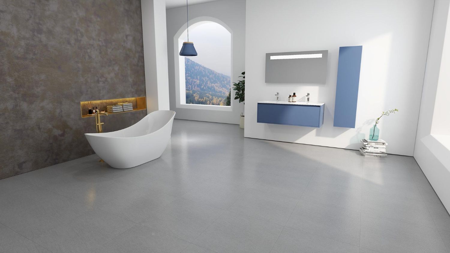 Modern bathroom with white bathtub, blue vanity, and mountain view.