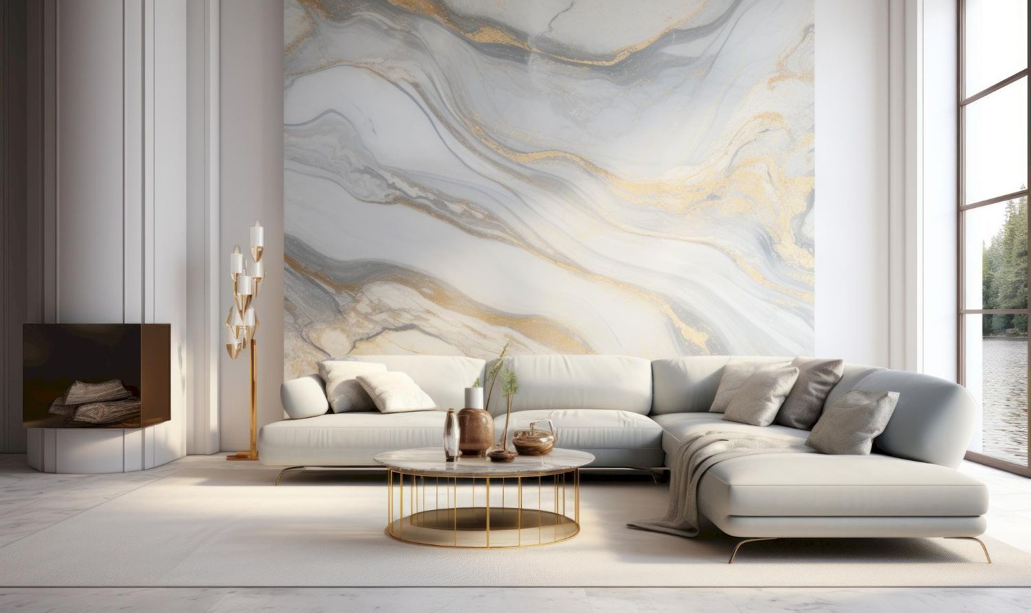 Living room with white sectional sofa, marble wall, gold accents, and large window.