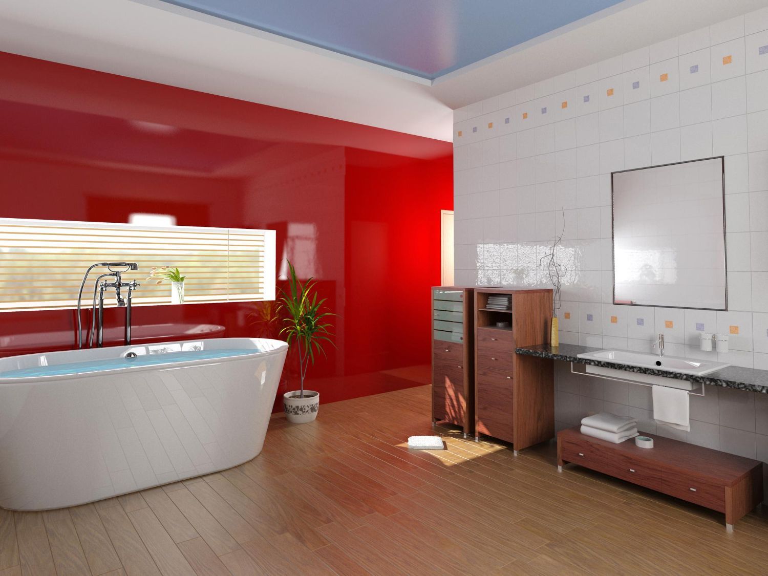 Modern bathroom with red walls, a white bathtub, and a wooden floor.
