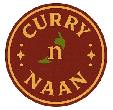 Logo for Curry 'n' Naan: round with brown background, gold border, text, and a green chili pepper.