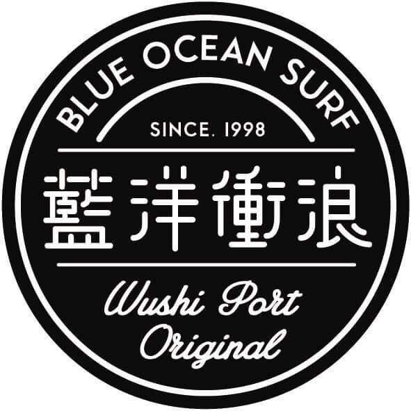 A black and white logo for blue ocean surf wushi port original