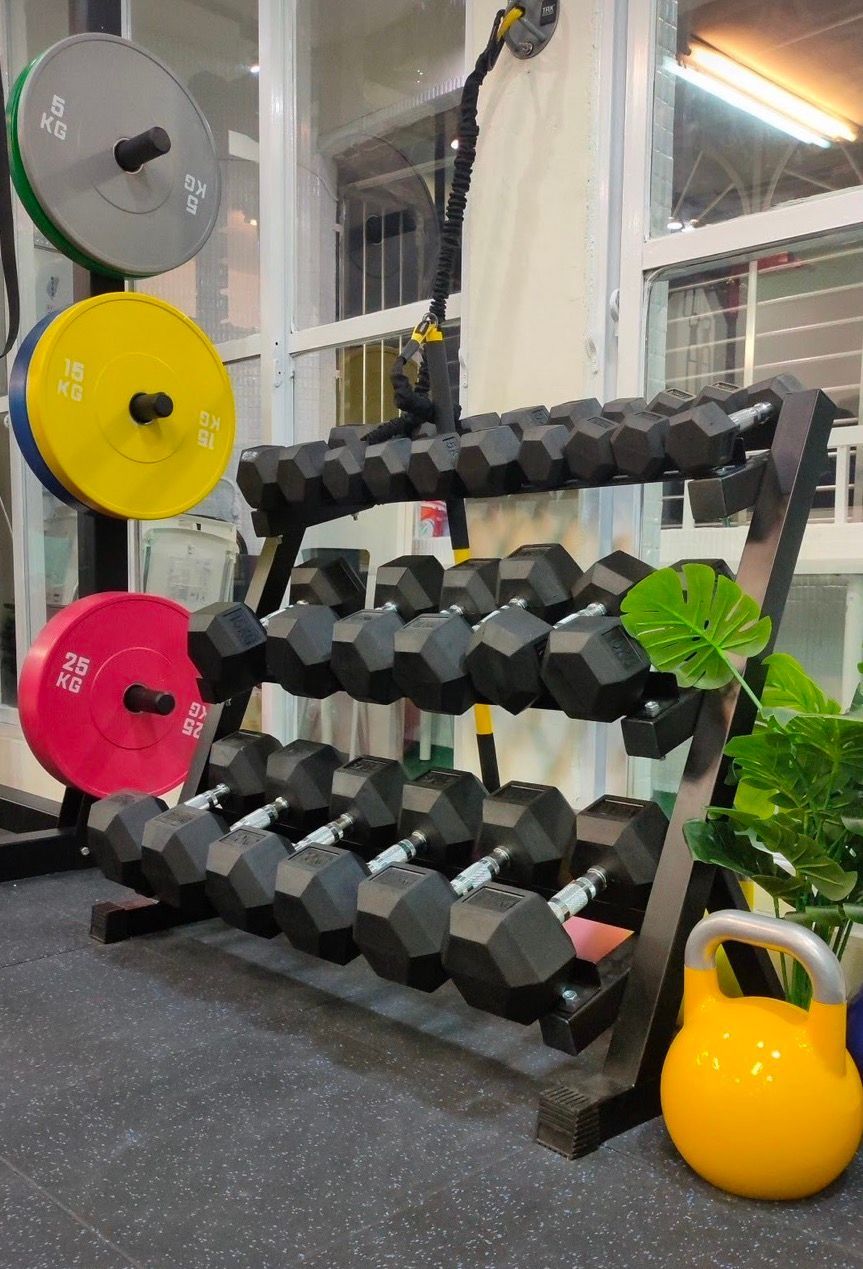 A rack of dumbbells and weight plates in a gym.
