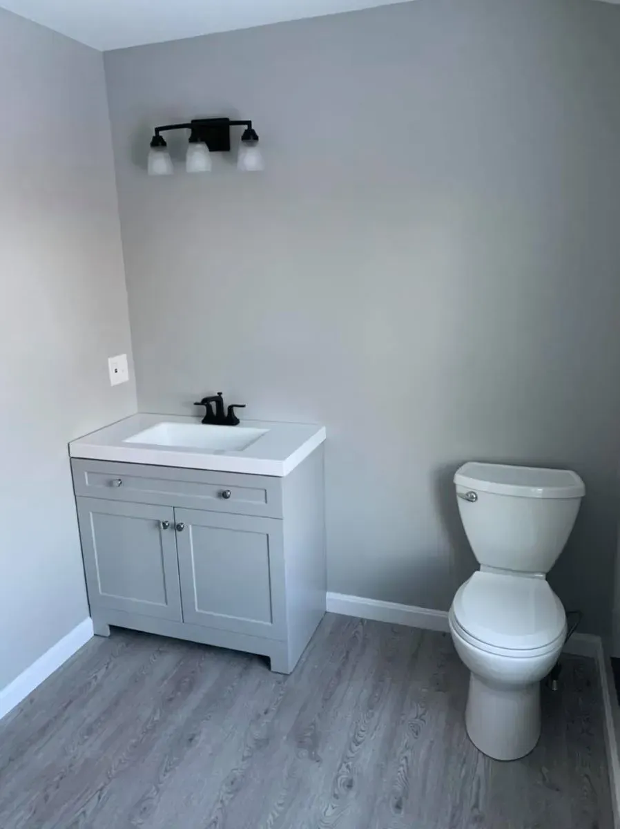 A bathroom with a sink , toilet , and light fixture.