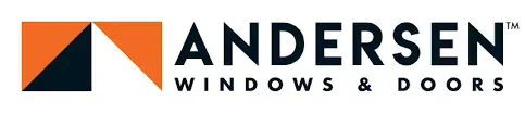 The logo for andersen windows and doors is orange and black