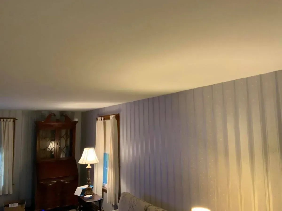 A living room with a ceiling fan and a lamp.