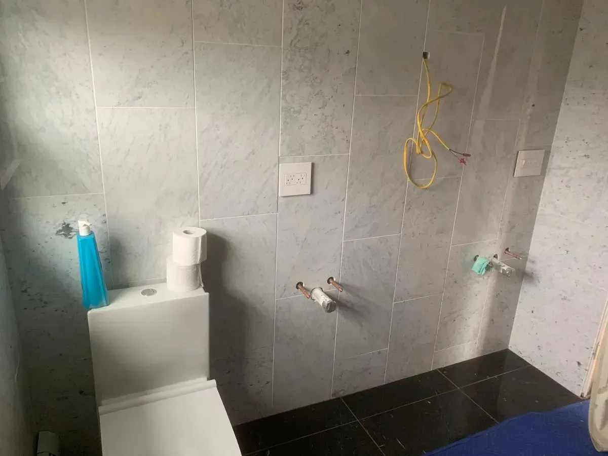 A bathroom with a toilet and a shower.