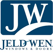 The logo for jeld wen windows and doors is blue and white.