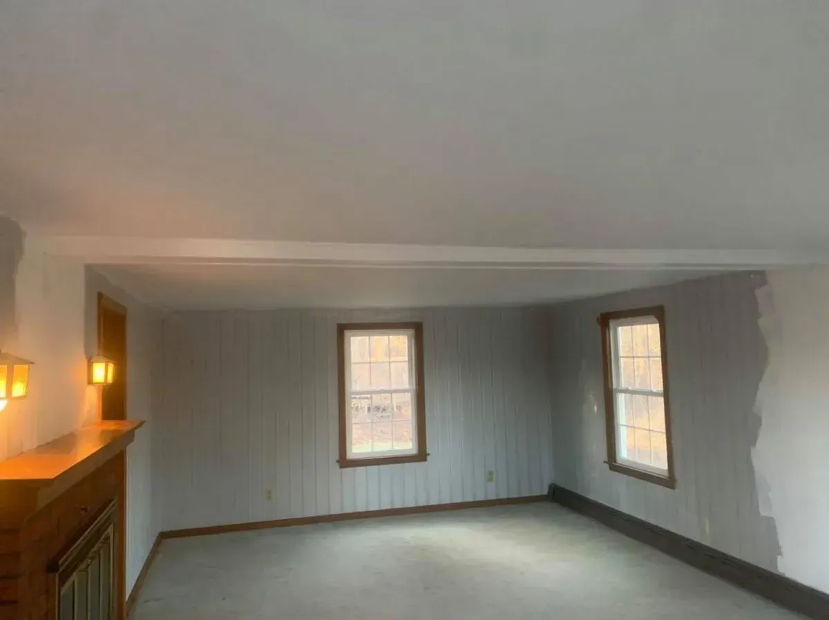 An empty living room with a fireplace and two windows.