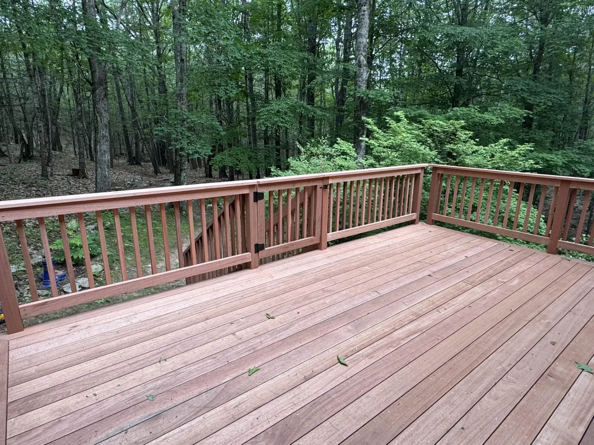 An empty wooden deck with a railing and trees in the background.
