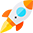 A cartoon rocket with a blue eye on a white background.