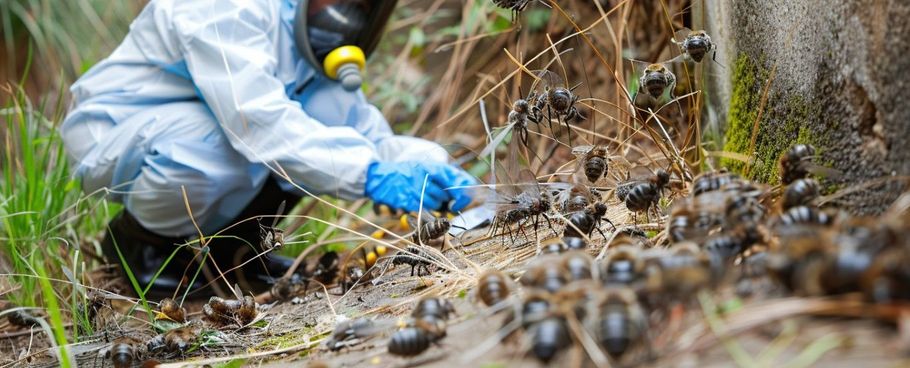 Person in protective gear kneels in a field, carefully collecting a sample near a cluster of small snails.