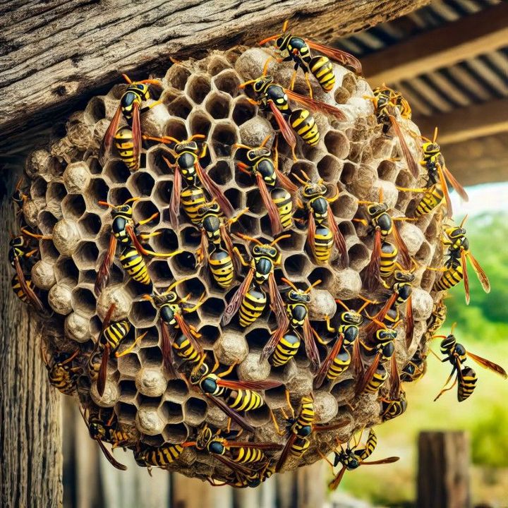 Cluster of yellow-and-black wasps covering a honeycomb nest under a wooden beam