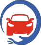 Red car inside blue circle, hand cupping the bottom.