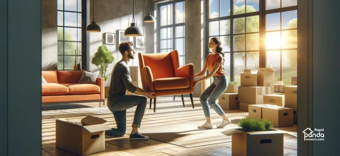 Man and woman coordinating together to lift a armchair during a budget apartment moving process.