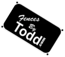 Black tilted sign reading “Fences By Todd.com” in white text on a white background