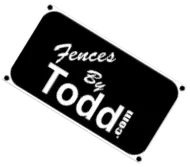 Black tilted sign reading “Fences By Todd.com” in white lettering, with screw holes at the corners.