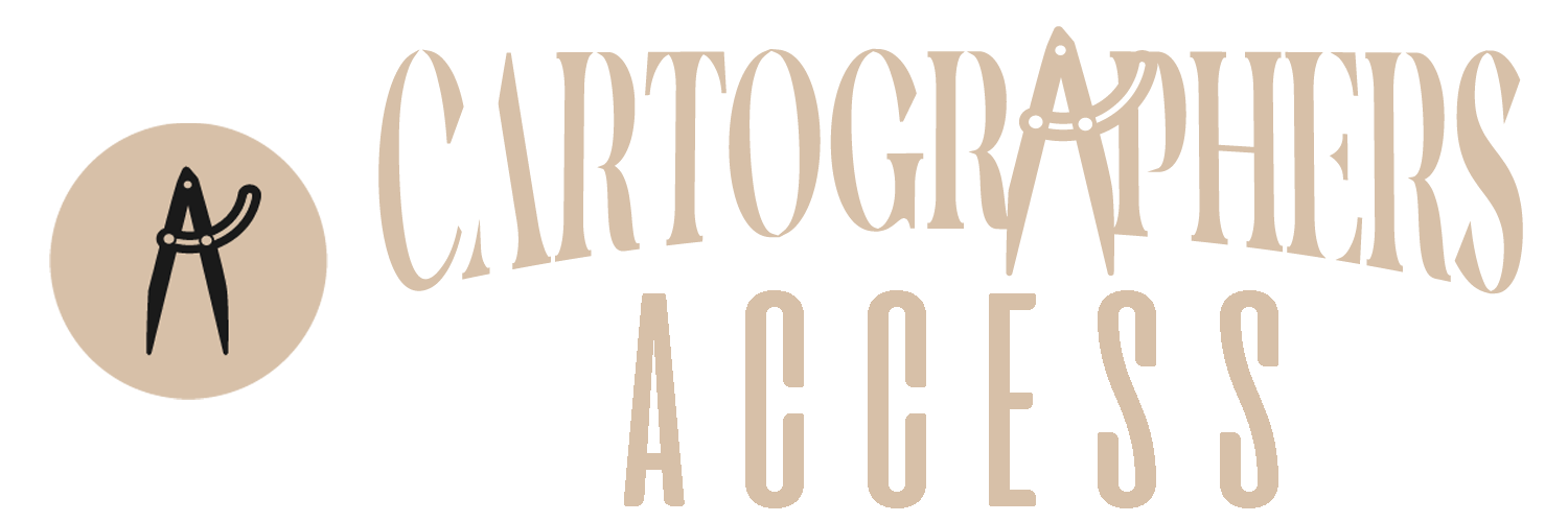 A logo for cartographers access with a pair of compasses in a circle.