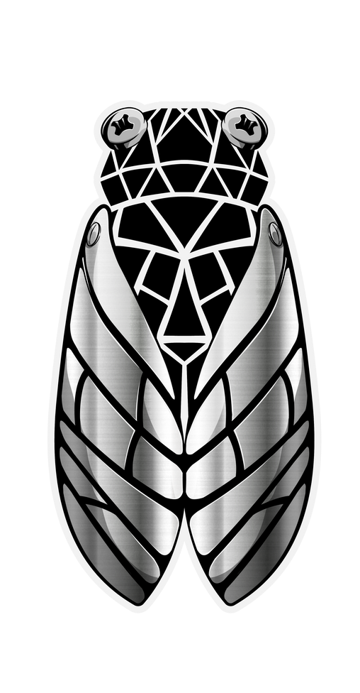 Un dessin noir et argent d'une cigale sur fond blanc.