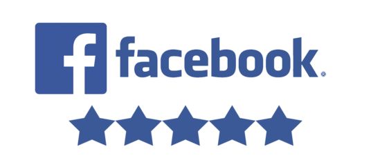 Facebook logo with five blue stars, indicating a five-star rating.