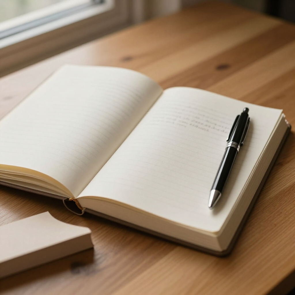 Open journal with pen on wooden surface