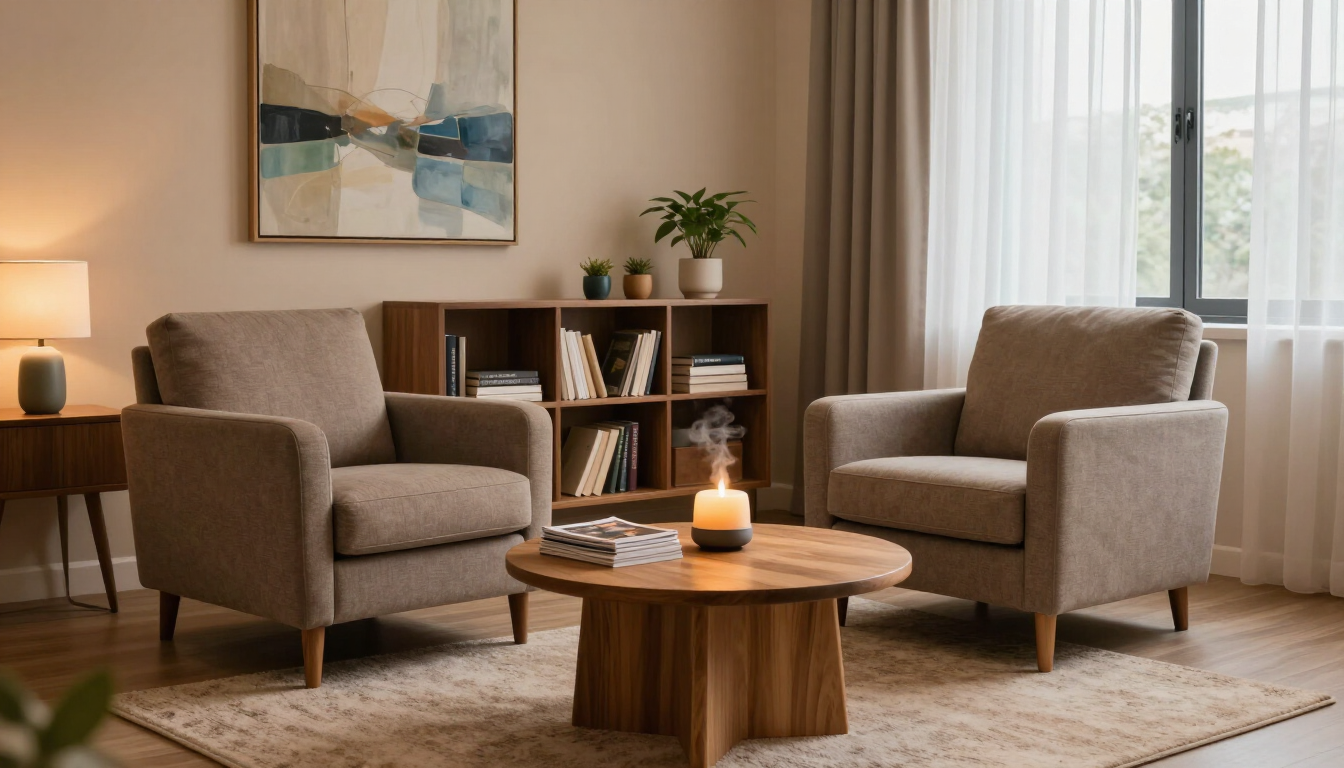 A welcoming therapy office environment showcasing a safe space for counseling