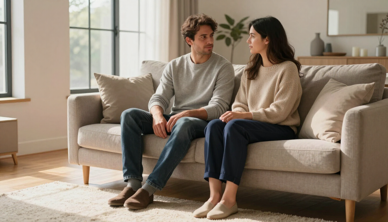 A couple engaging in healthy communication in a warm home setting.